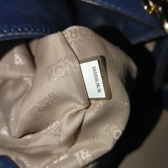 Michael Kors Ludlow Handbag Blue Soft Leather Tote Purse Gold Drawstring Details - Picture 10 of 14